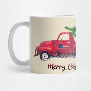 Vintage Watercolor Red Truck Carrying Xmas Tree Merry Christmas Mug